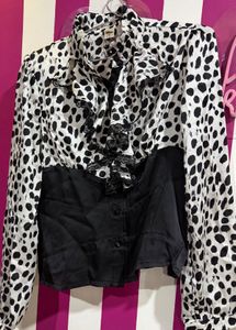 Chic Black & White Dalmatian Print Ruffle Top