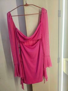 Hot Pink Mesh Flare Sleeve Dress
