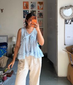 Blue Ruffled Sleeveless Top