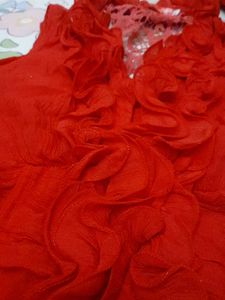 Red Ruffled Neck Sleeveless Top