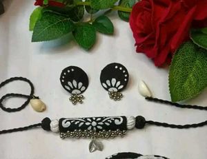 Boho Black & White Choker Necklace & Earrings