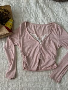 Pink Lace Trimmed Button-Up Top