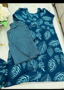 Teal Leaf Print Kurta Set