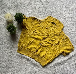 Mustard Yellow Button-Up Short Sleeve Crop Top