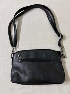Black Leather Shoulder Bag with Lotus Design