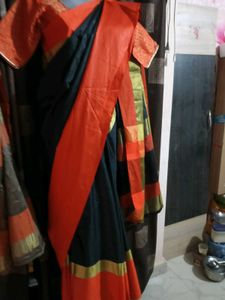 NewElegantCottonSilkSaree-Orange&amp;Blck-Extra