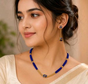 Elegant Blue Beaded Necklace &amp; Earring Set | Gold