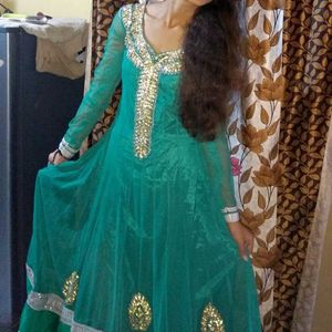 Anarkali Full Gher Teal Colour Long Dress