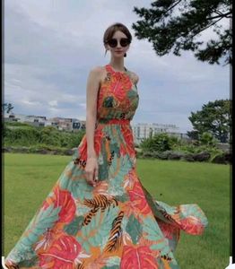 Vibrant Tropical Print Halter Dress