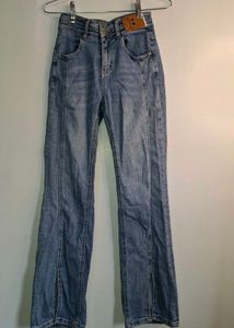 High-Waisted Front-Slit Panel Seam Flare Jeans