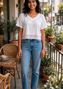 White Lace Trim V-Neck Top