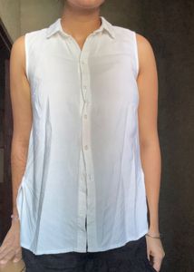 Sleeveless White Collared Shirt