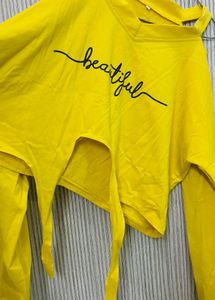 Yellow "Beautiful" Tie-Front Crop Top