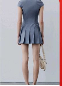 Blue Collared Zip-Up Pleated Dress