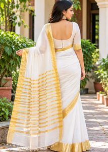 Elegant White Saree with Gold Border