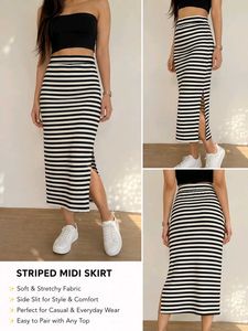 Striped Midi Skirt with Side Slit