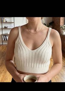 Cream Ribbed Knit V-Neck Crop Top