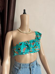 Teal Bird Print One Shoulder Bikini Top