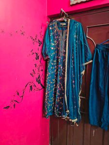 Embroidered Teal Kurta Set with Palazzo