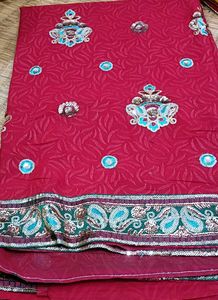 Red Embroidered Saree with Sequins