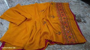 Yellow Embroidered Saree with Mirror Work
