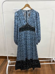 Ditsy Floral Pastel Blue-Black Print Midi Dress