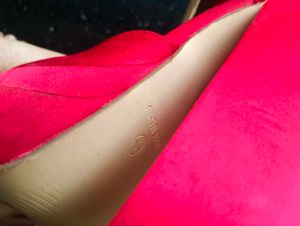 Red Satin Platform Block Heels
