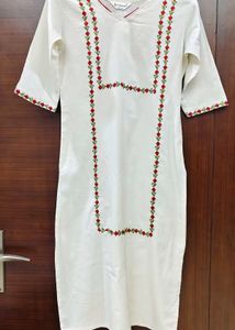 Elegant White Kurta set with Red-Green Embroidery