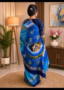 Stunning Blue Cotton Saree with Peacock Motif