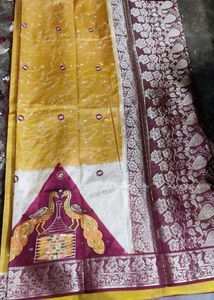 Exquisite Yellow &amp; Maroon Silk Saree