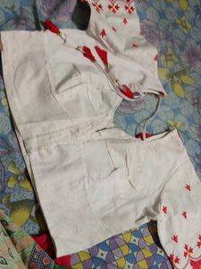 Embroidered White &amp; Red Kurti