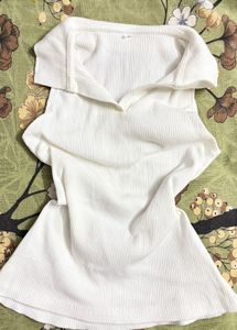 White Ribbed Collared Top