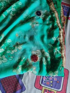 Beautiful Teal Saree with Floral Print