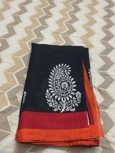 Elegant Black Saree with White Paisl