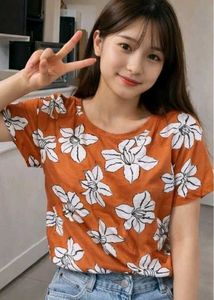 Orange Floral Print Short Sleeve Top