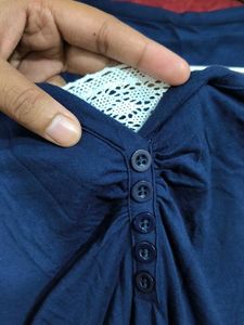 Navy Blue V-Neck Lace Trim Top