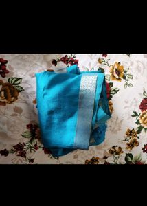 🌼Teal Blue Silk Saree with Silver Border🌼