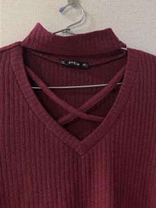 Maroon Ribbed Lattice Neck Top