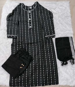 Black &amp; White Striped Kurti Set