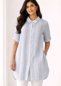Striped Cotton Linen Blend Tunic Shirt for women