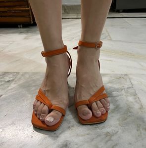 Orange Square Toe Heeled Sandals