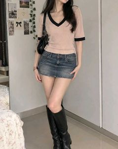 Beige Ribbed V-Neck Top with Black Trim
