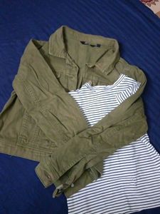 Stylish Green Denim Jacket &amp; Striped Top