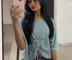 Green Checkered Cinched Top