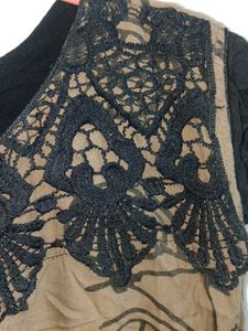 Brown Kurta with Black Lace &amp; Bicycle Print