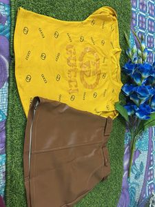 Cute Yellow Gucci Top and Brown leather skirt Set