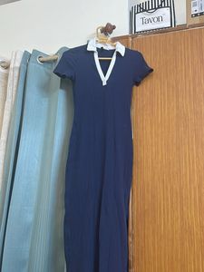 Navy Ribbed Polo Collar Midi Dress