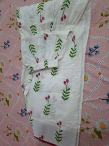 White Floral Print Kurta with Tassels