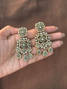 Elegant Green Stone & Crystal Earrings
