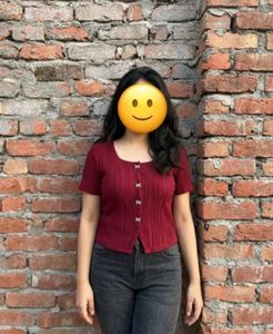 savana Maroon Ribbed Button-Up Top